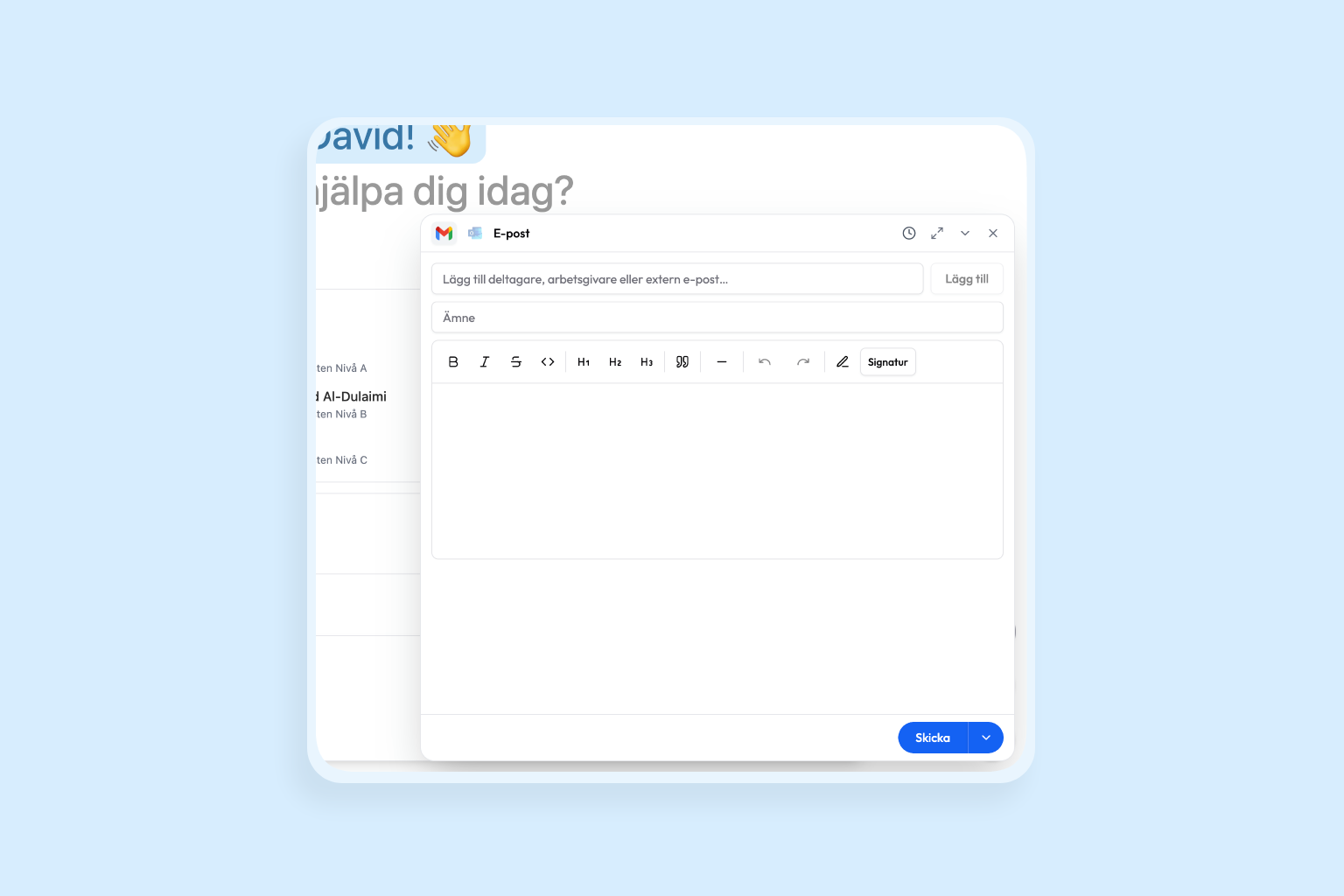 E‑postfönster där ett mejl kan skrivas och skickas från Kontiva.